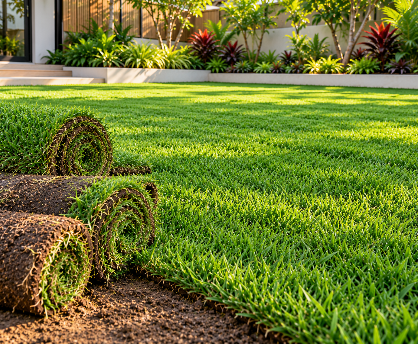 Natural Bermuda grass sod rolls for sunny lawn and garden areas