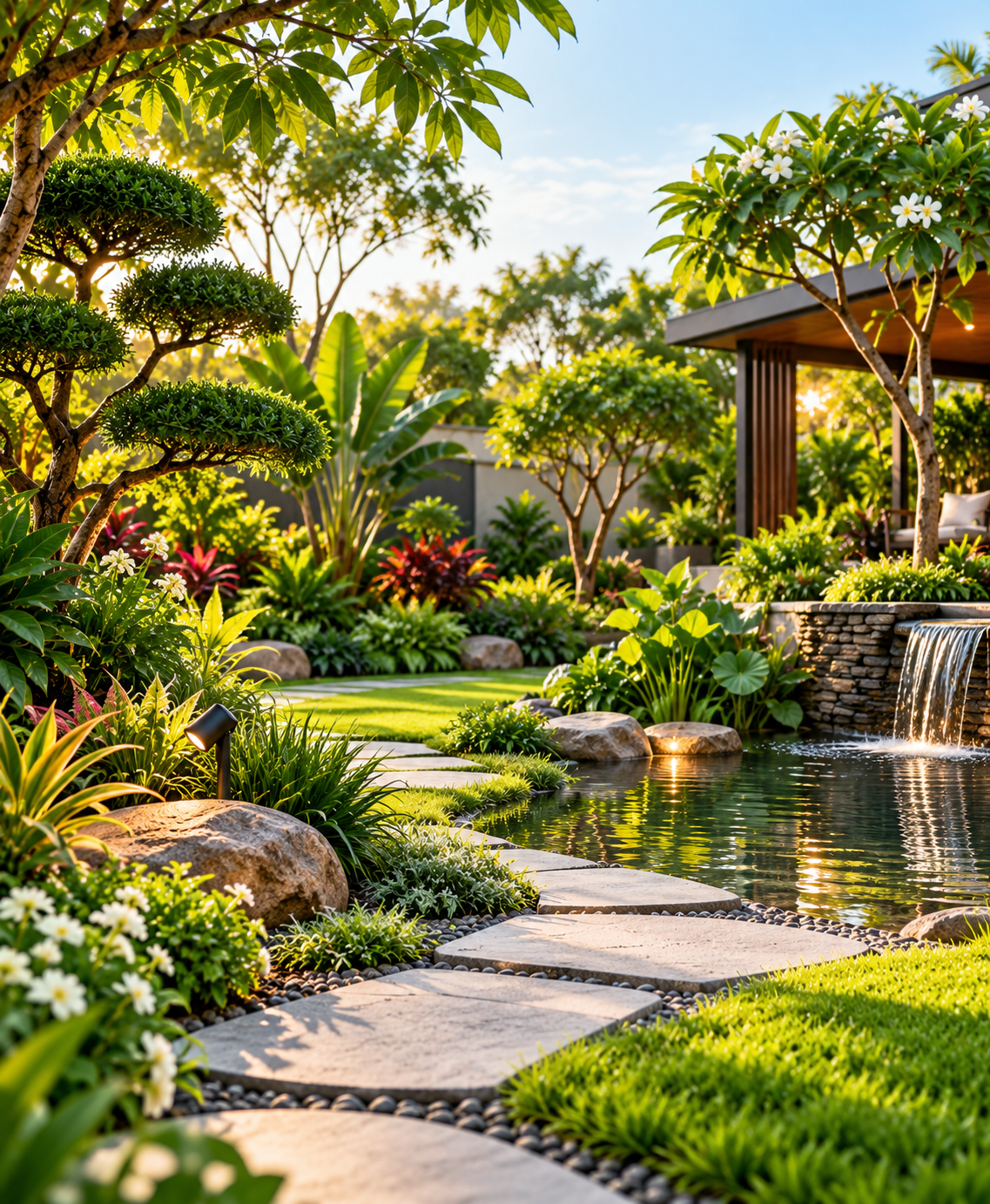 Botanical garden landscaping with lush plants and a garden pathway