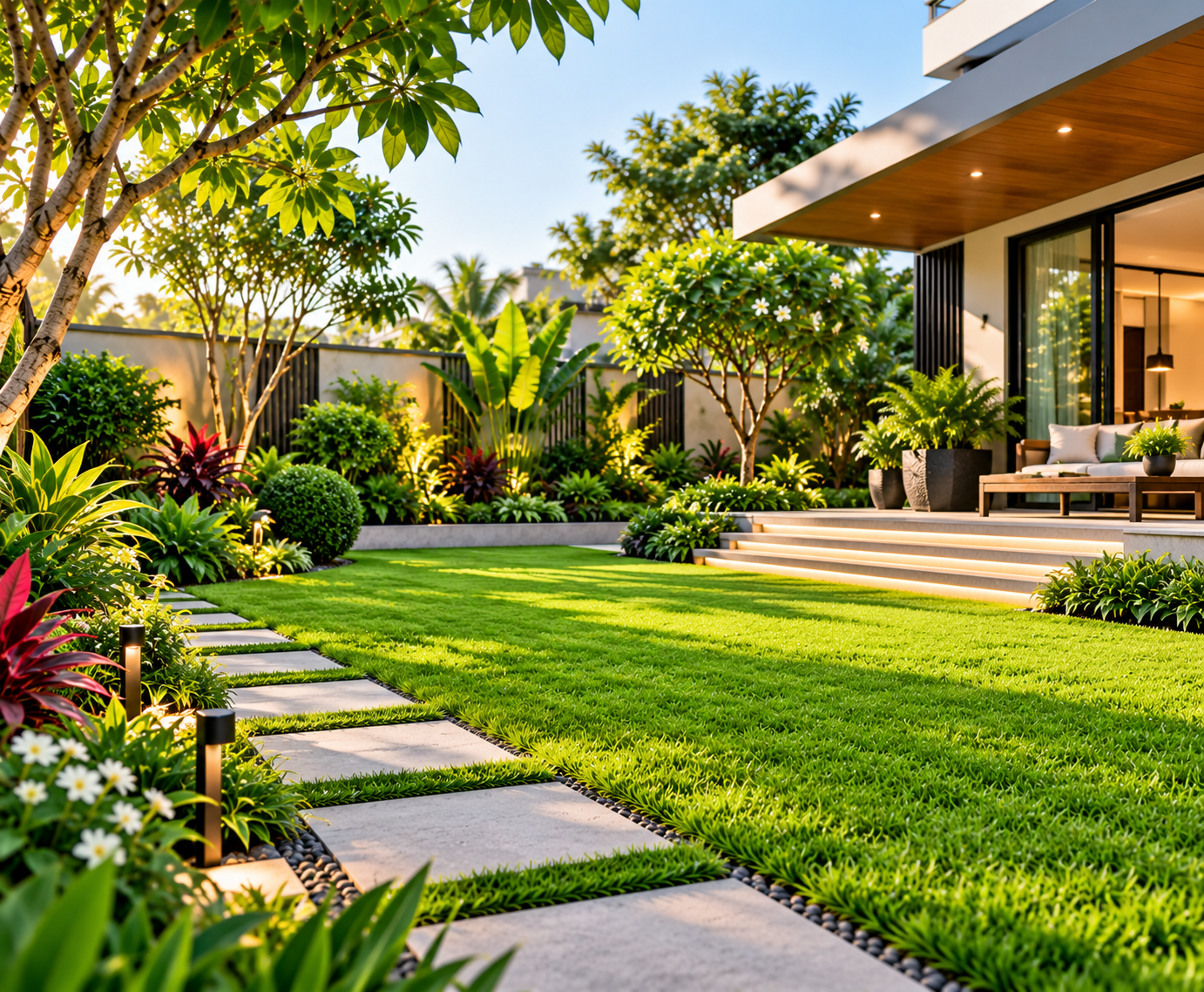 Residential landscape design with a modern home and green lawn